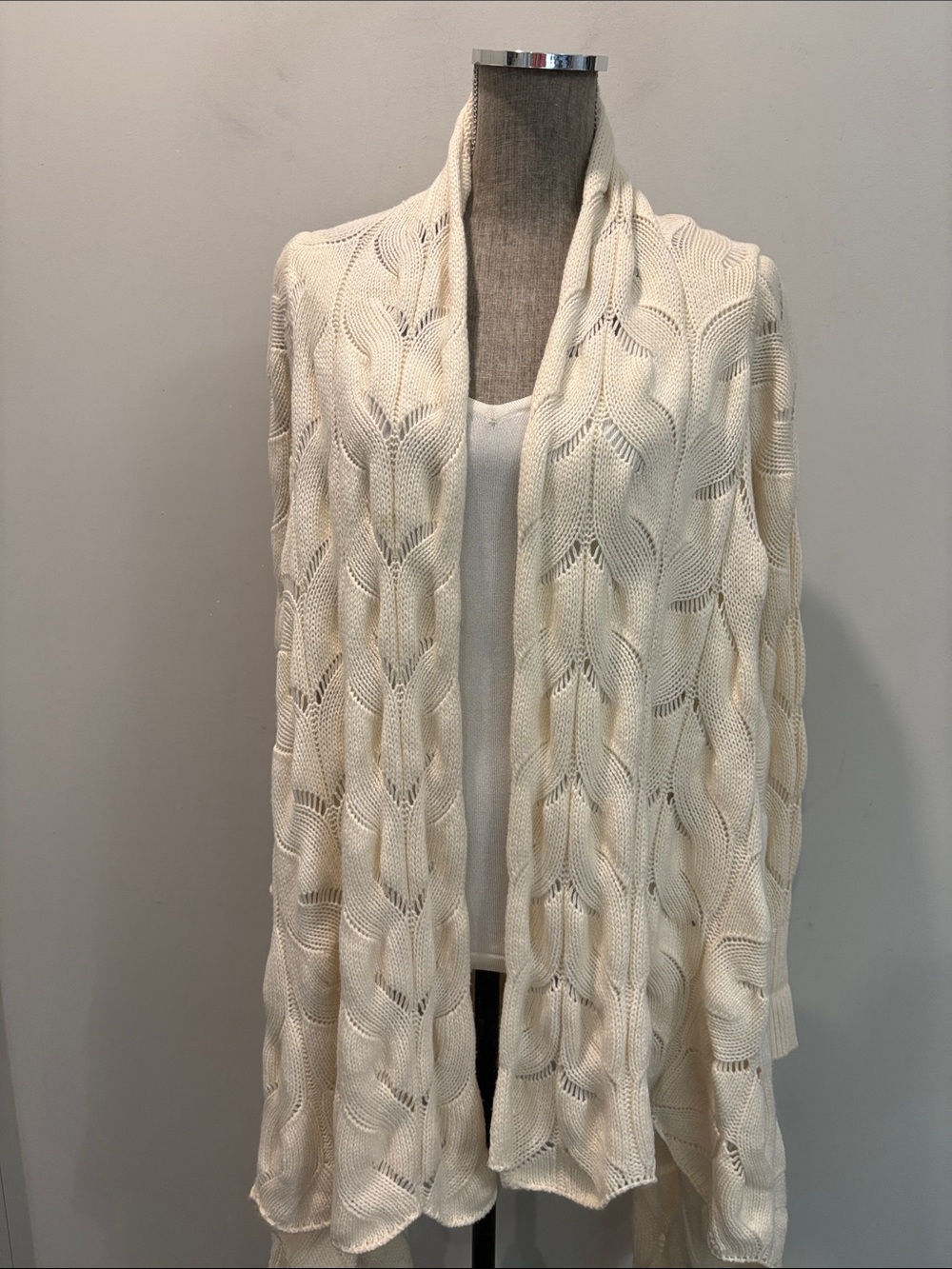 Monari Cream Merino Wool Cashmere Cable Knit Draped Cardigan L/XL Italy - Picture 4 of 15